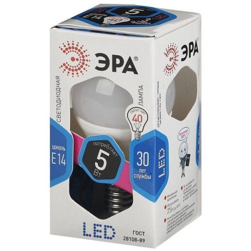 Лампа светодиодная 5 (40) Вт цоколь E14 шар холодный белый свет 30000 ч. LED SMD P45-5W-840-E14 ЭРА